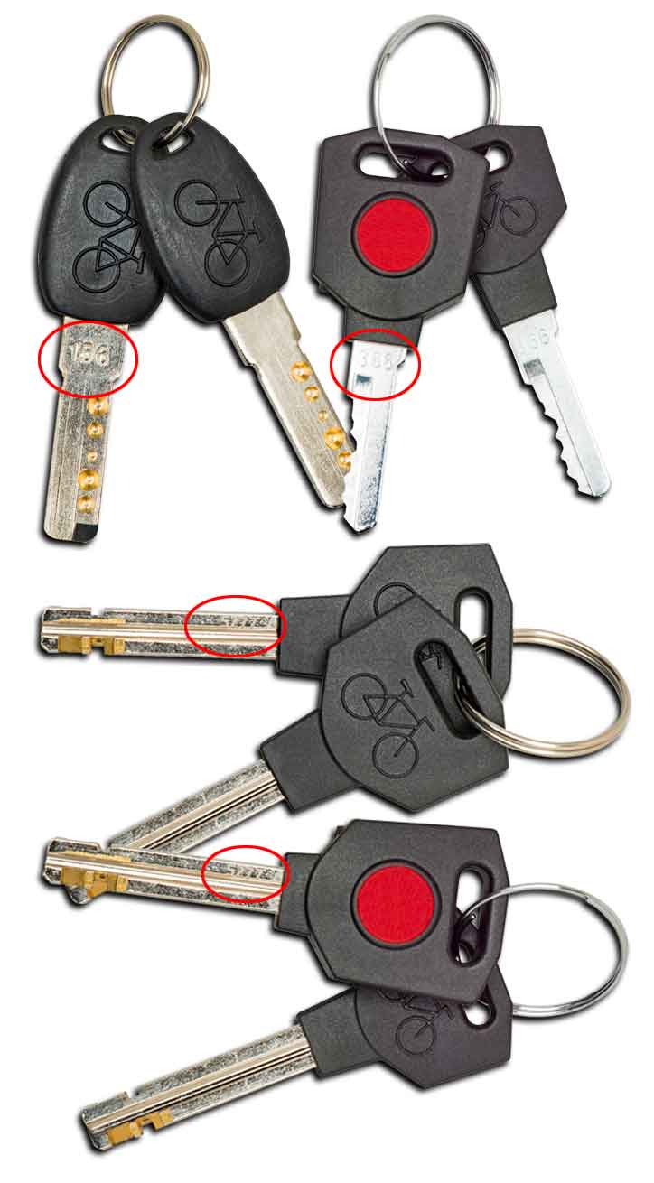 Photos of bike lock keys showing where you can find the serial numbers